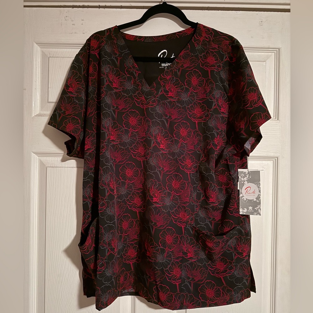NWT Red and Black Floral Scrub Top